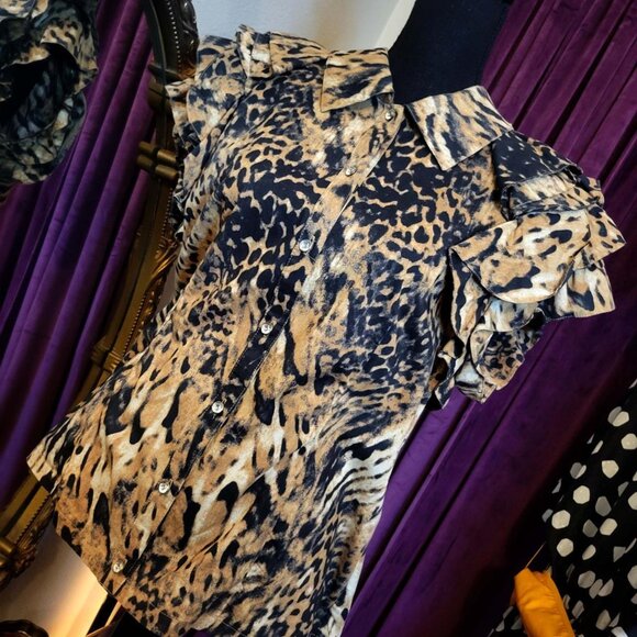 Vintage Early 90's Leopard Print Ruffle Top - Picture 1 of 7